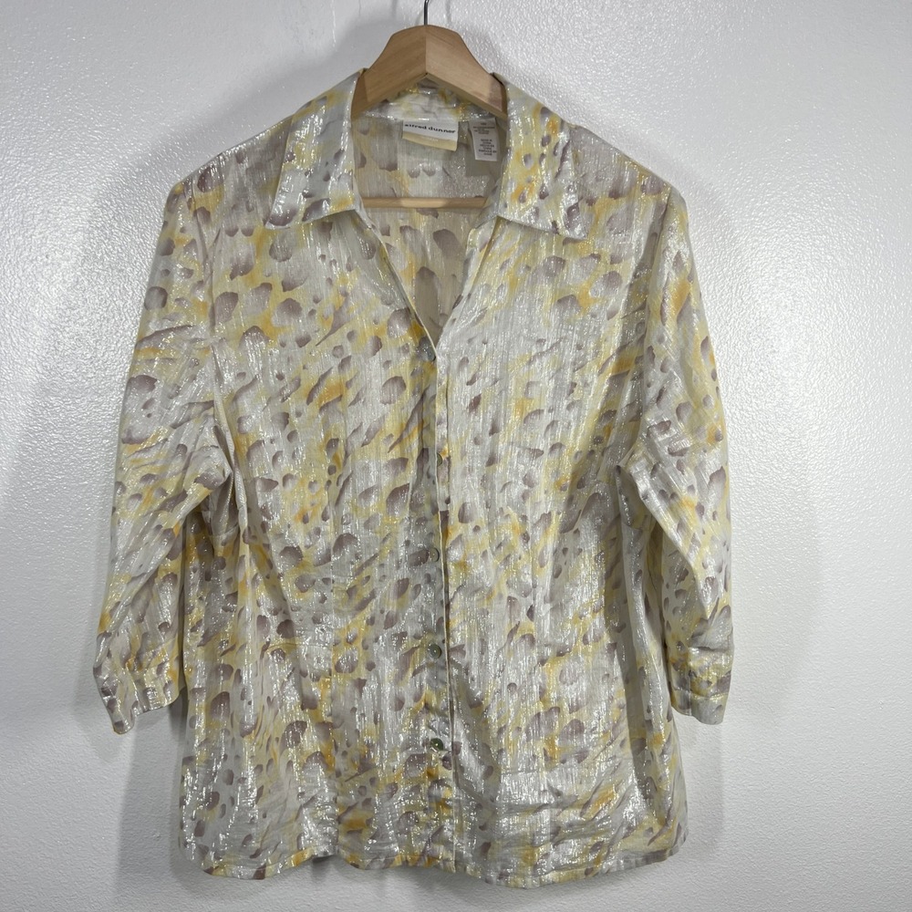 Alfred Dunner Button Down Top Shimmer Abstract print‎ 3/4 Sleeve Blouse 18W